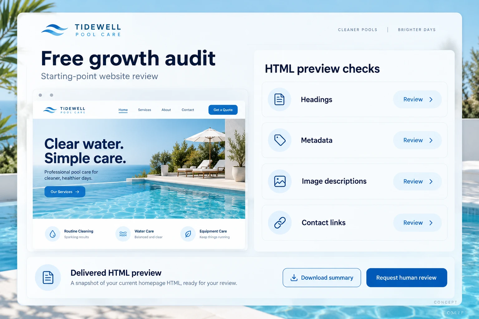 Website HTML preview audit for fictional Tidewell Pool Care with heading, metadata, image, and contact checks