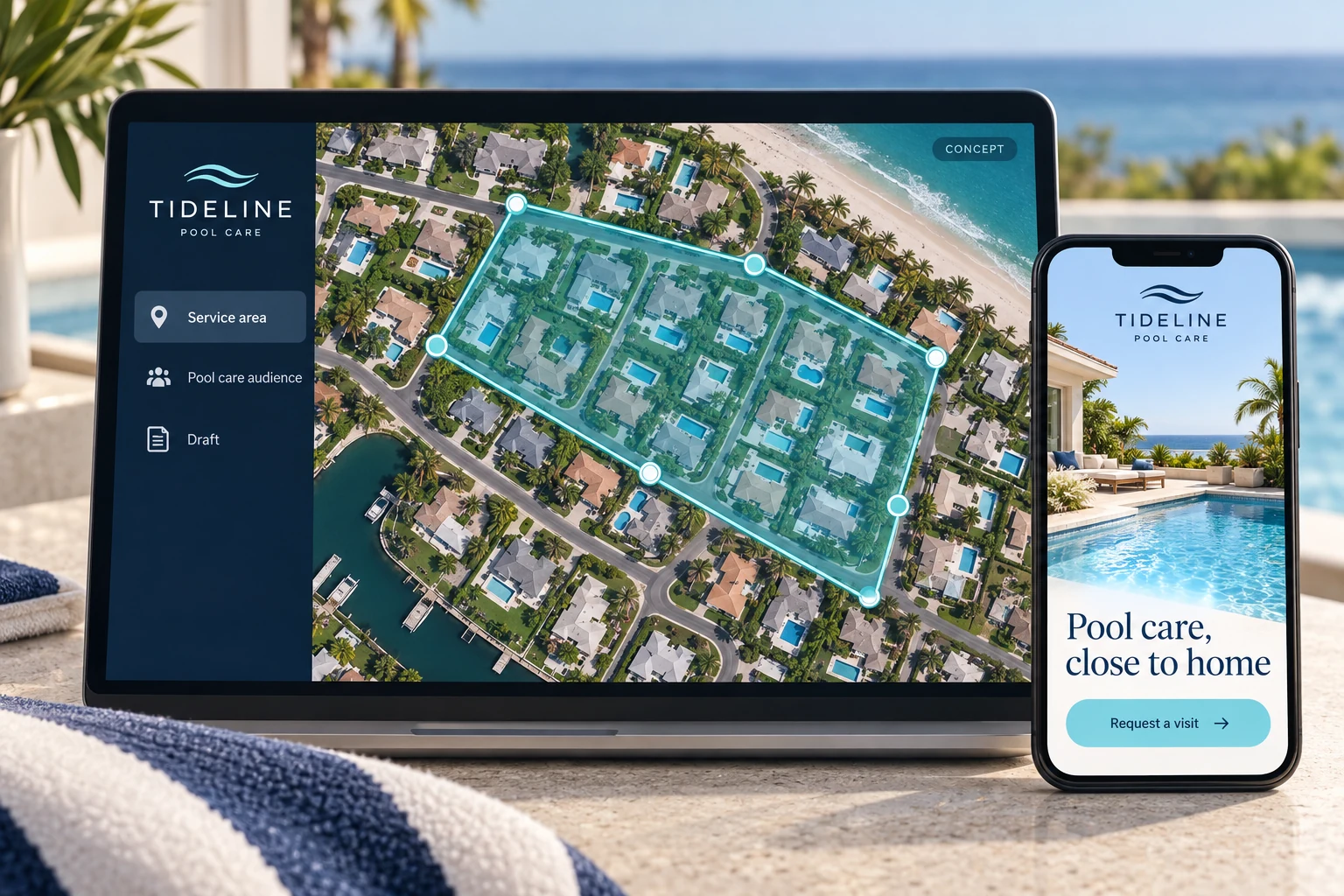 Tideline Pool Care geofencing campaign with a defined residential service area and matching mobile ad
