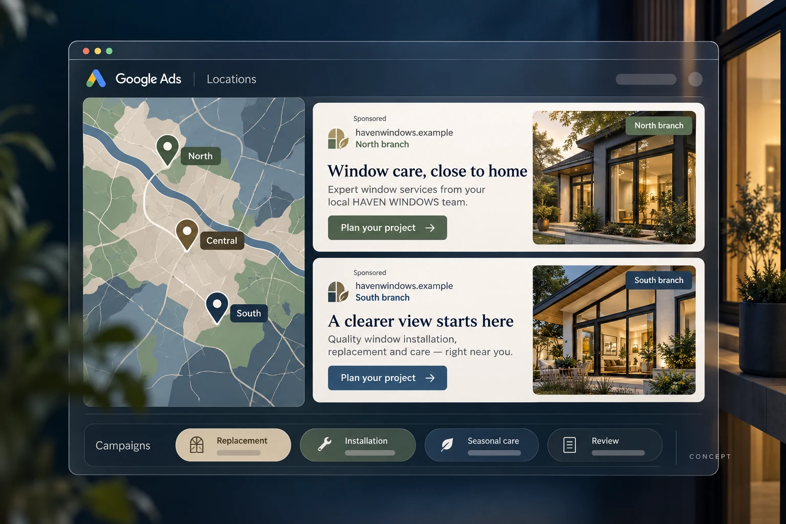 Multiple-location Google Ads campaign concept for Haven Windows with regional campaign cards and localized search ads.