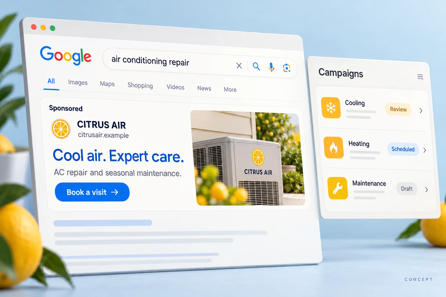 Illustrative HVAC search advertising campaign and landing page.