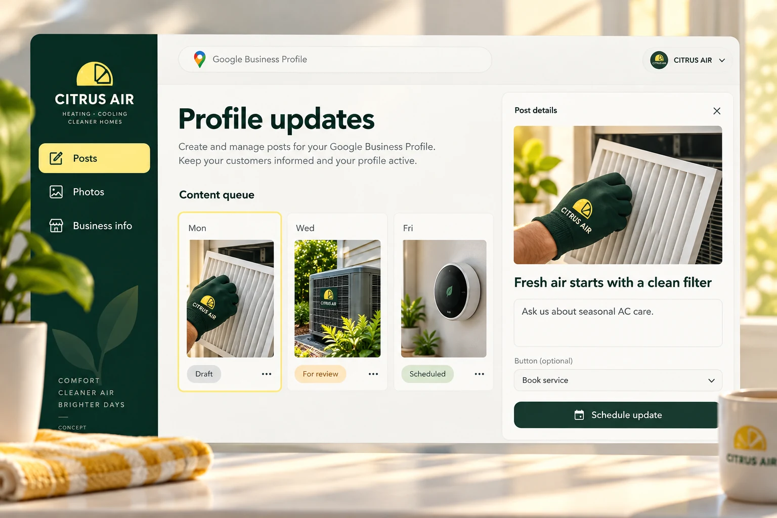 Profile post calendar and update composer for fictional Citrus Air heating and cooling