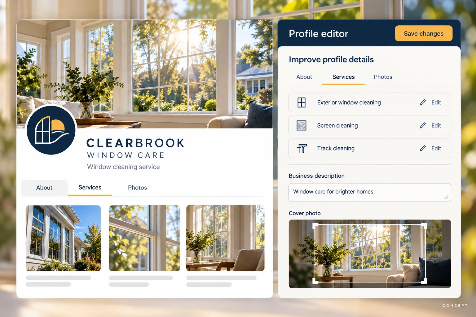 Business profile editing view for fictional Clearbrook Window Care with service descriptions, cover photo, and categories