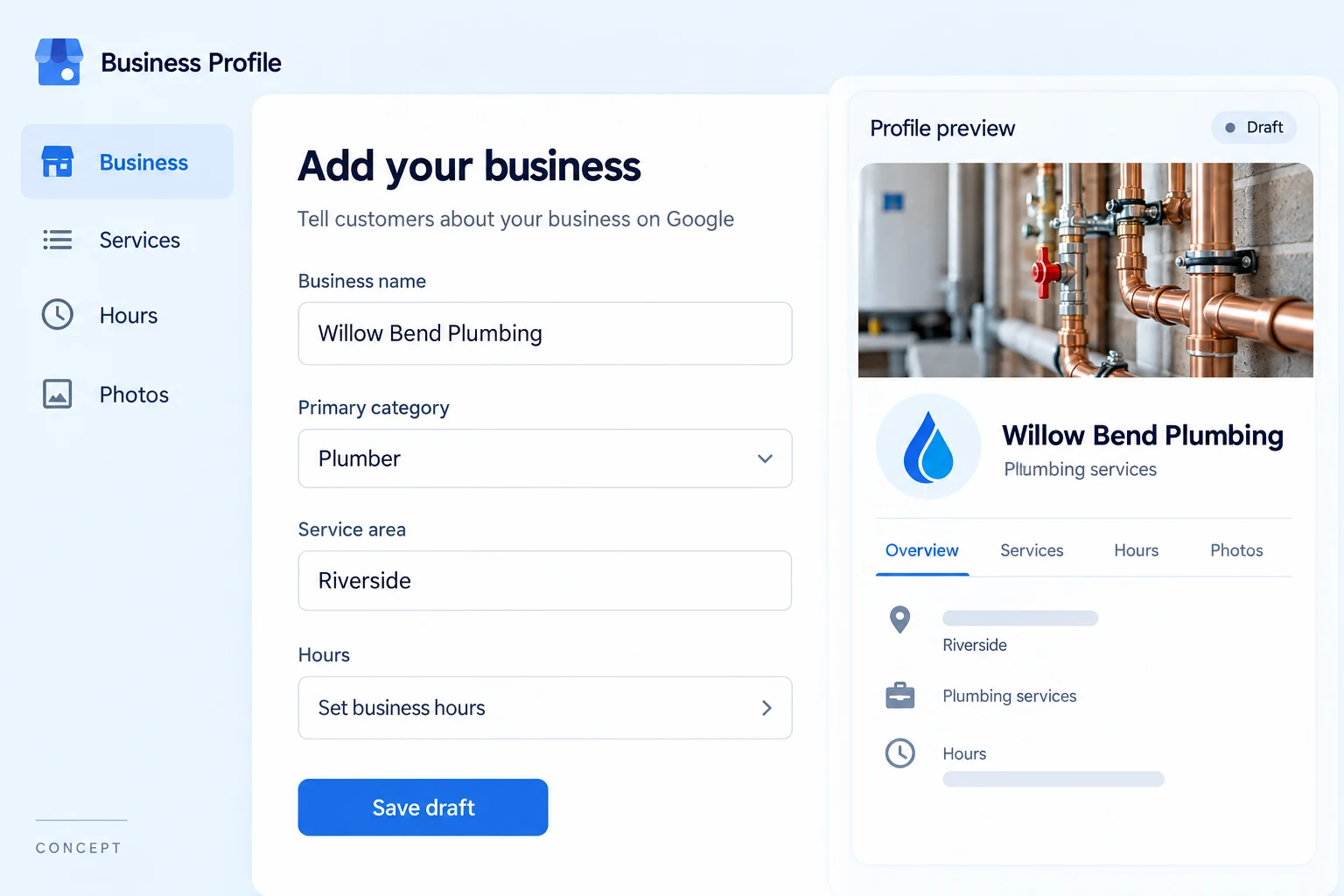 New business profile setup form for fictional Willow Bend Plumbing with service category, hours, and service-area fields