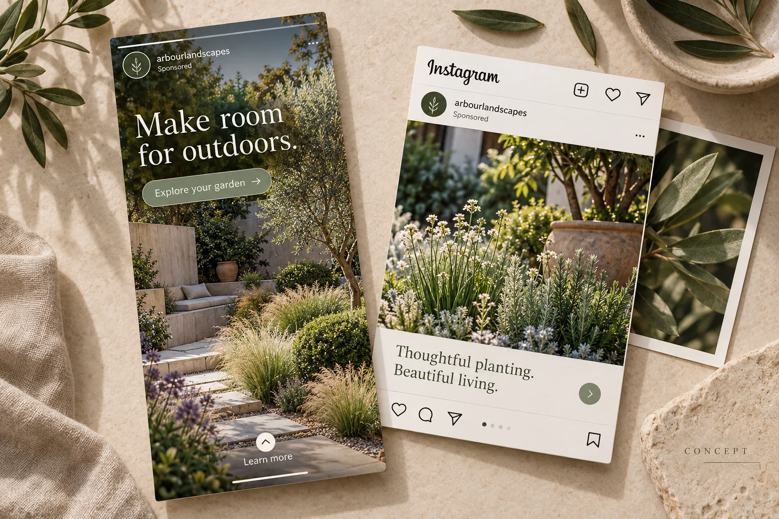 Instagram Story and carousel advertising concepts for Arbour Landscape Studio with lush garden photography.