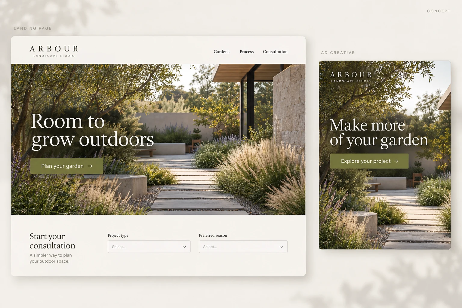 Arbour Landscape Studio landing page and matching garden consultation advertisement