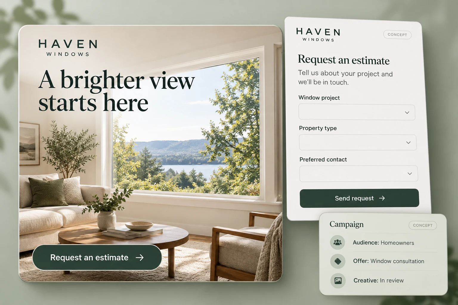 Haven Windows lead-generation campaign creative paired with an estimate request form