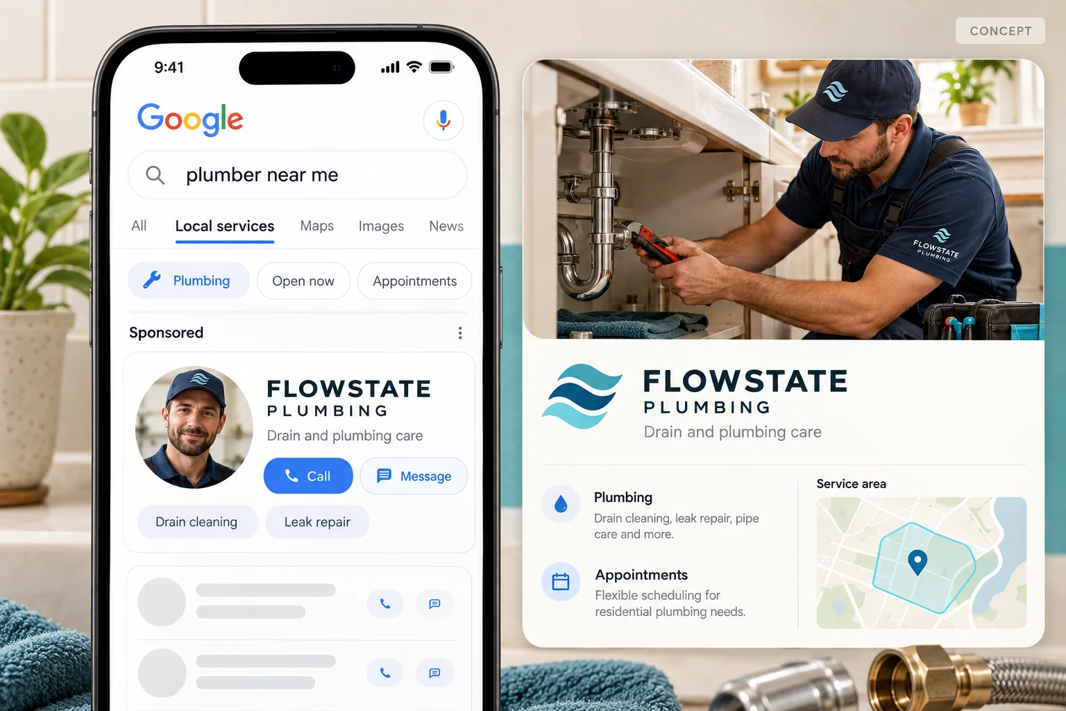 Local Services Ads concept for Flowstate Plumbing with provider listing, service area and call-request controls.