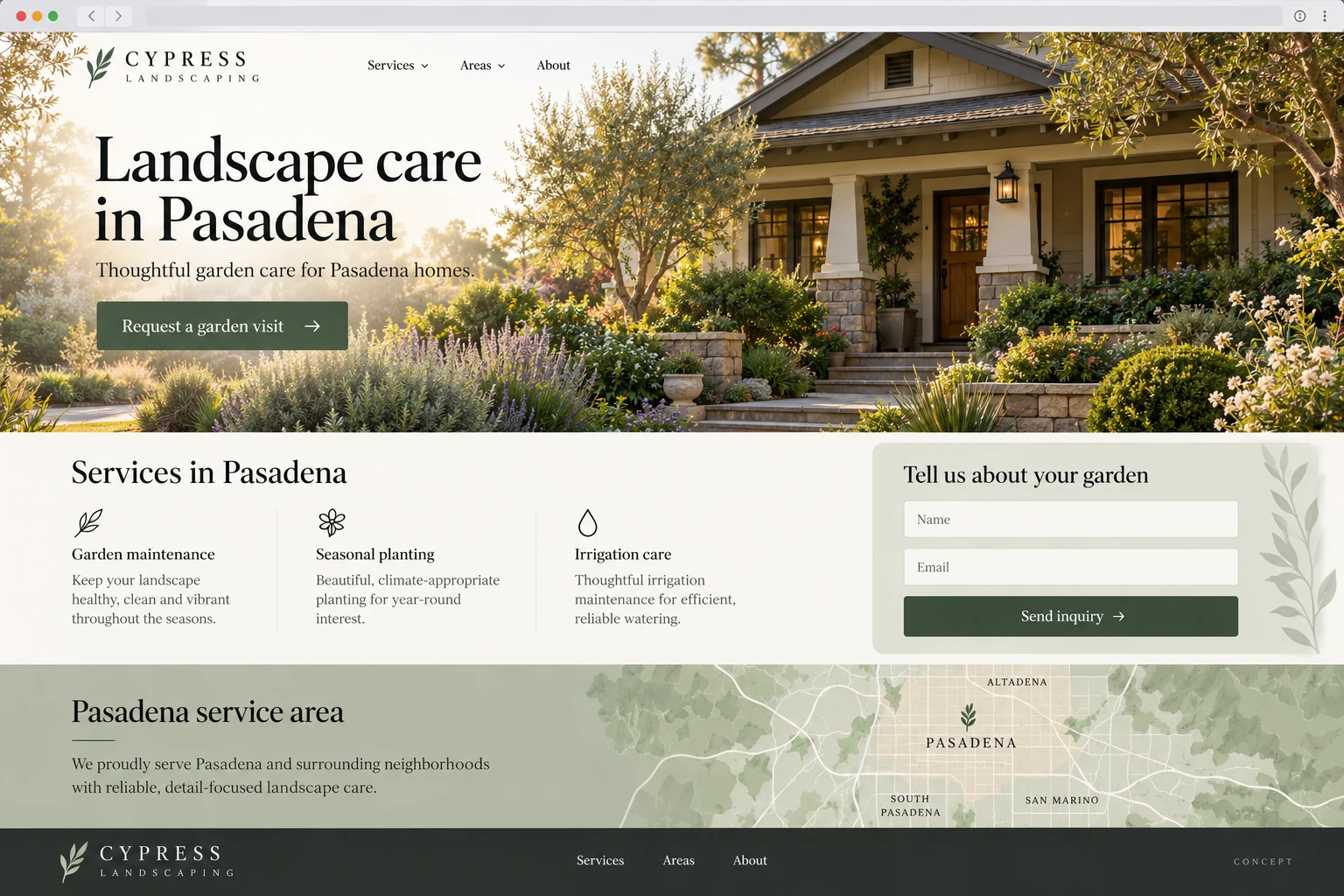 Cypress Landscaping city service page for Pasadena with local garden photo and inquiry panel