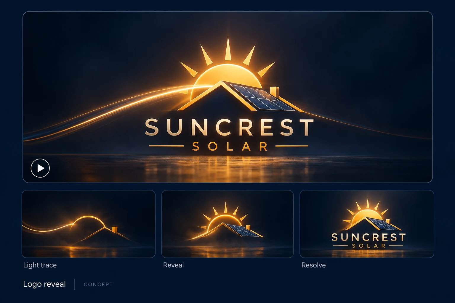 Suncrest Solar animated logo reveal storyboard with light trails, emerging emblem and finished title frame