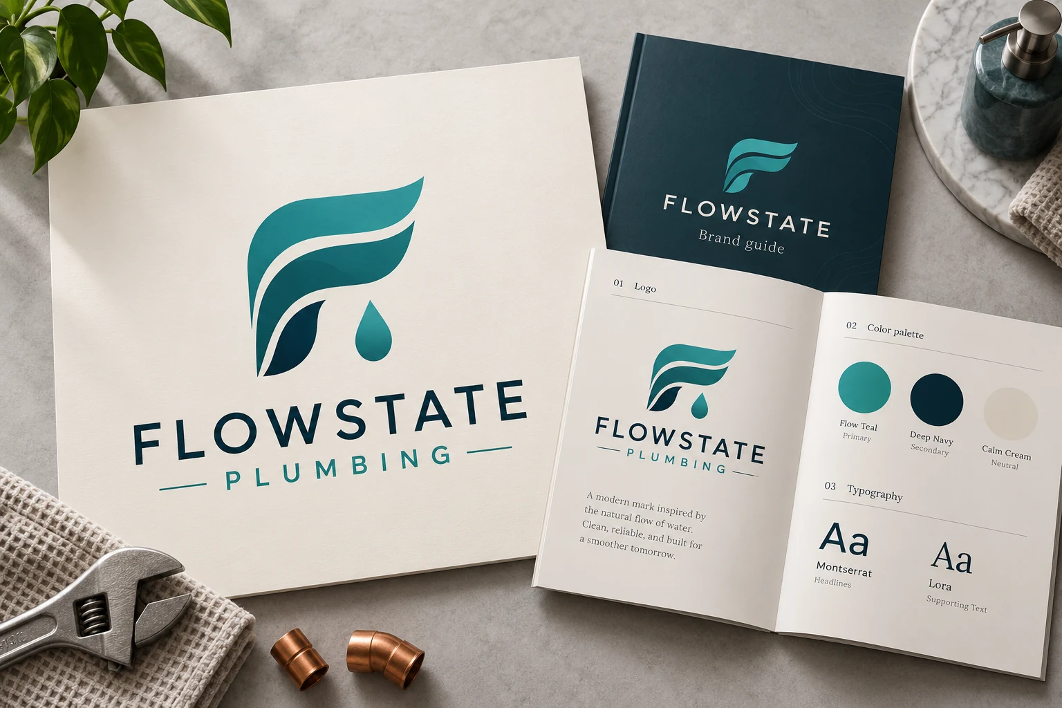 Flowstate Plumbing logo with matching brand guide concept