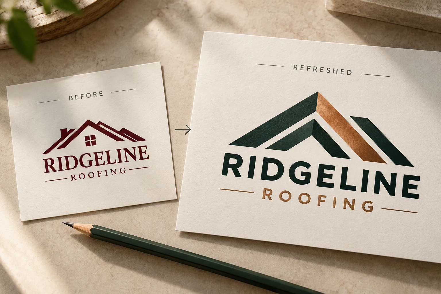 Ridgeline Roofing before-and-after logo refresh concept