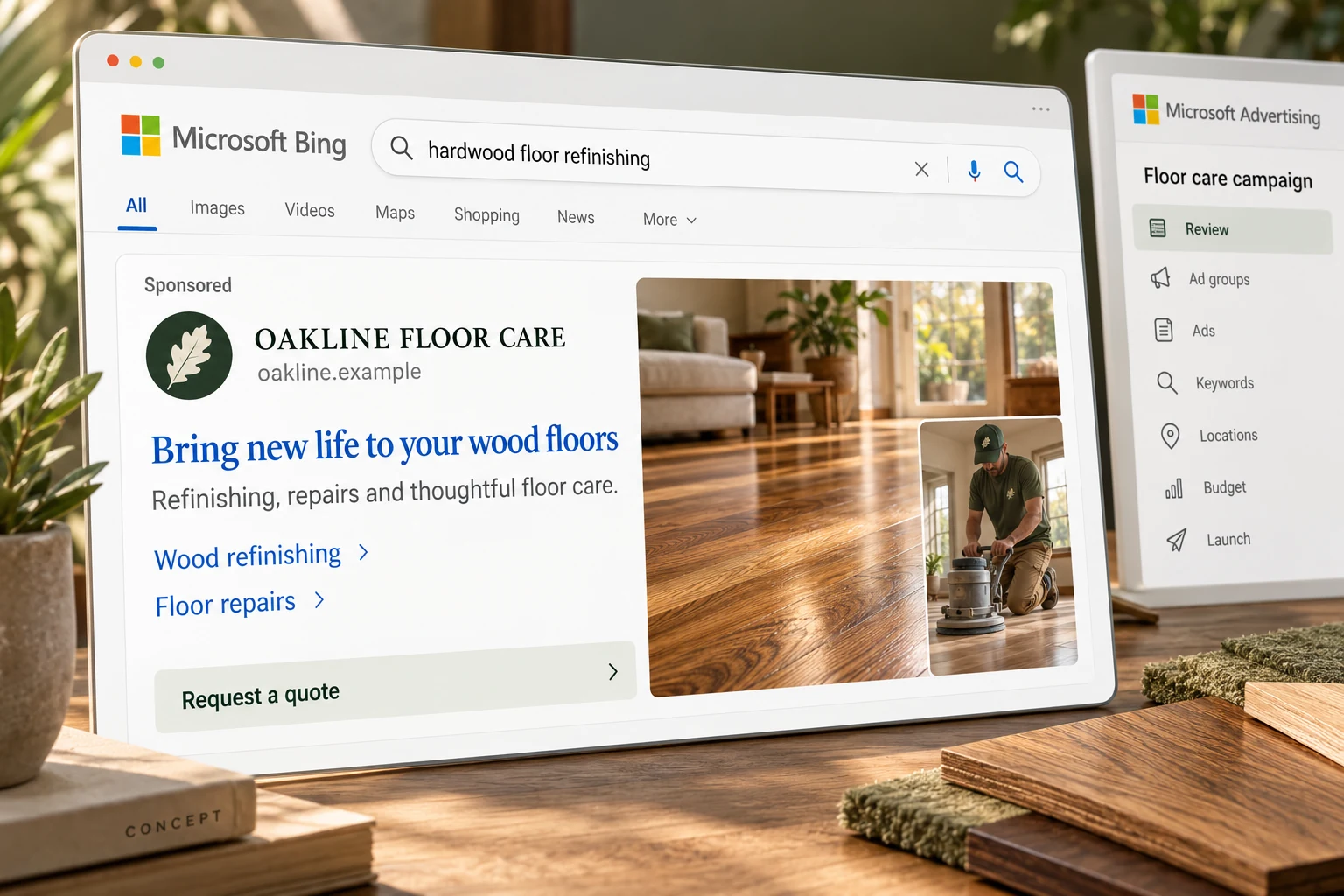 Microsoft Bing search advertising concept for Oakline Floor Care with sponsored flooring ad and quote call to action.