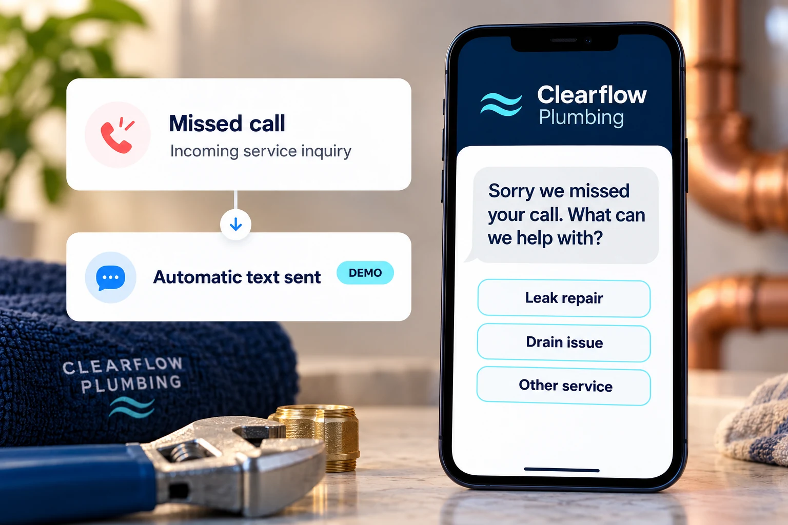 Plumbing missed-call automation concept showing a missed call and an automatic reply text.