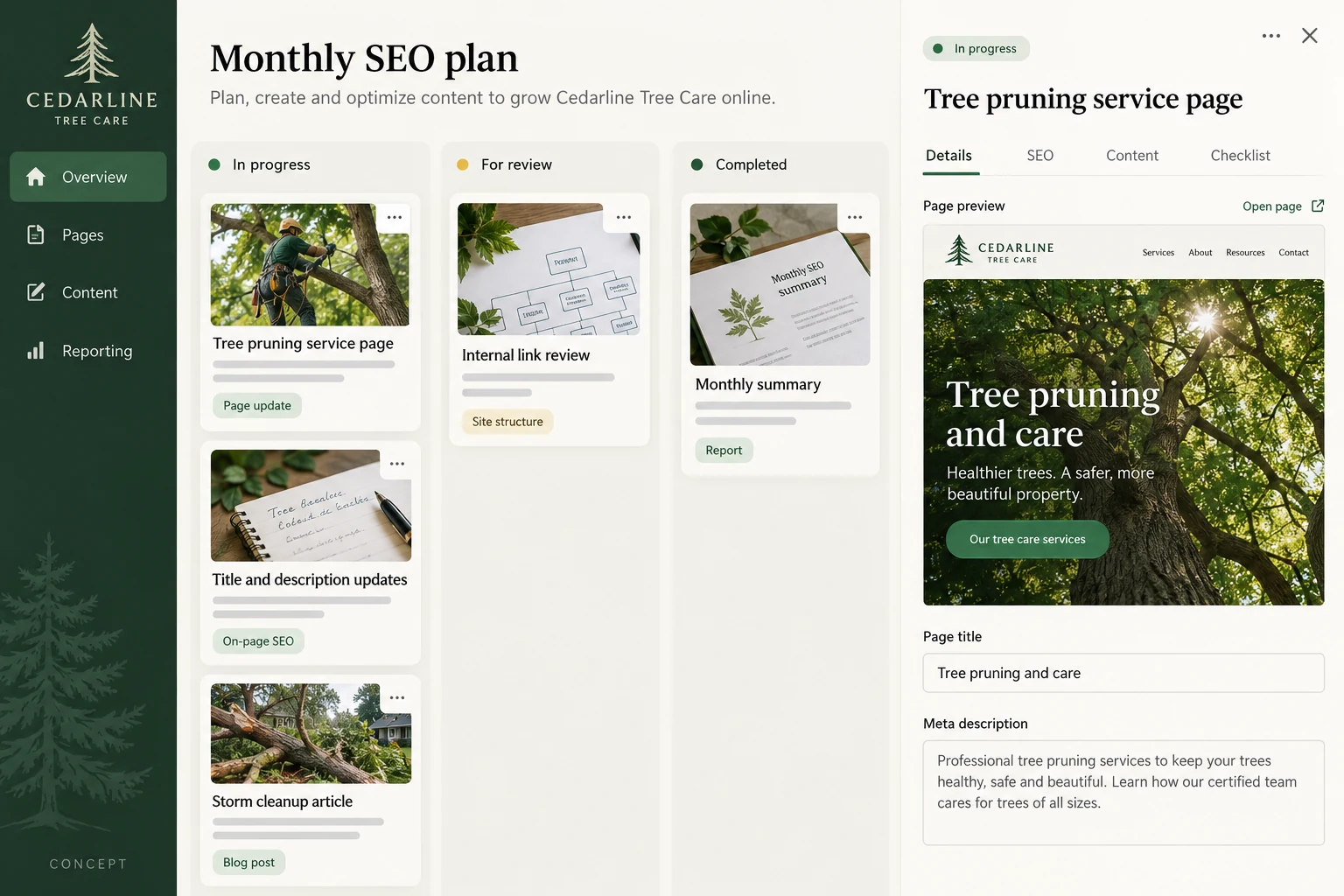 Monthly SEO workboard for fictional Cedarline Tree Care with service-page updates and content planning