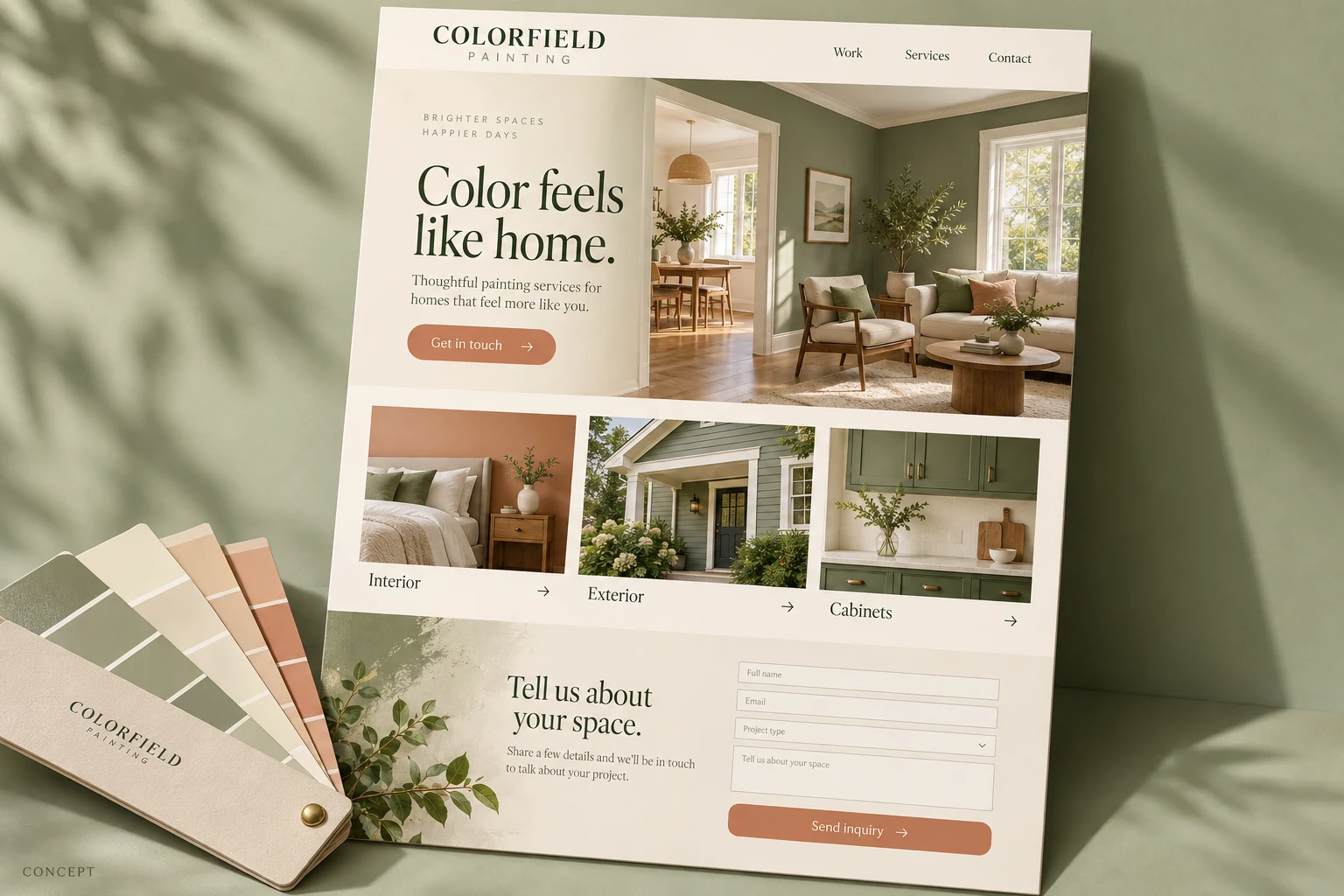 Single-page painting business website concept with a hero, services, and contact section.
