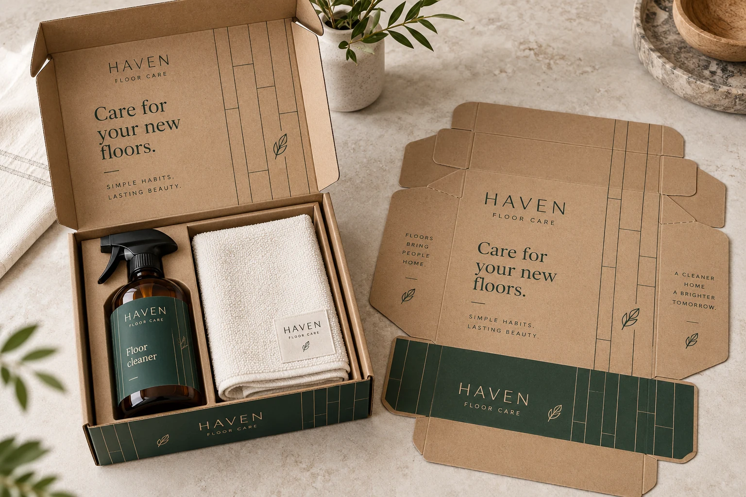 Haven Floor Care branded aftercare kit packaging and unfolded carton design