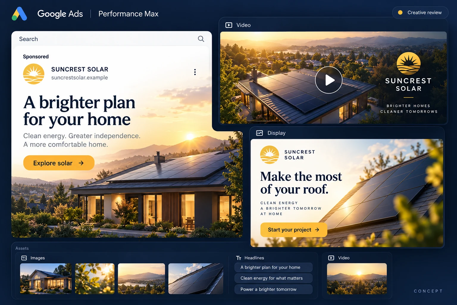 Performance Max concept for Suncrest Solar with coordinated search, video and display campaign creatives.
