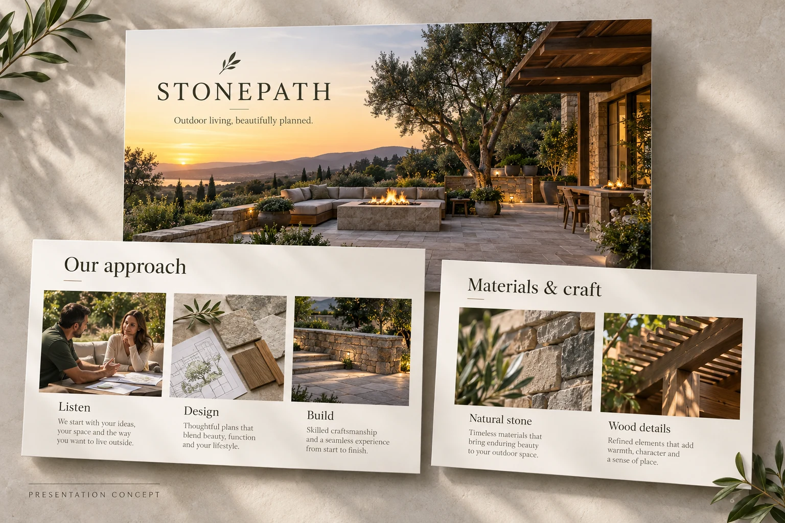 Stonepath Outdoor Living sales presentation slide concepts