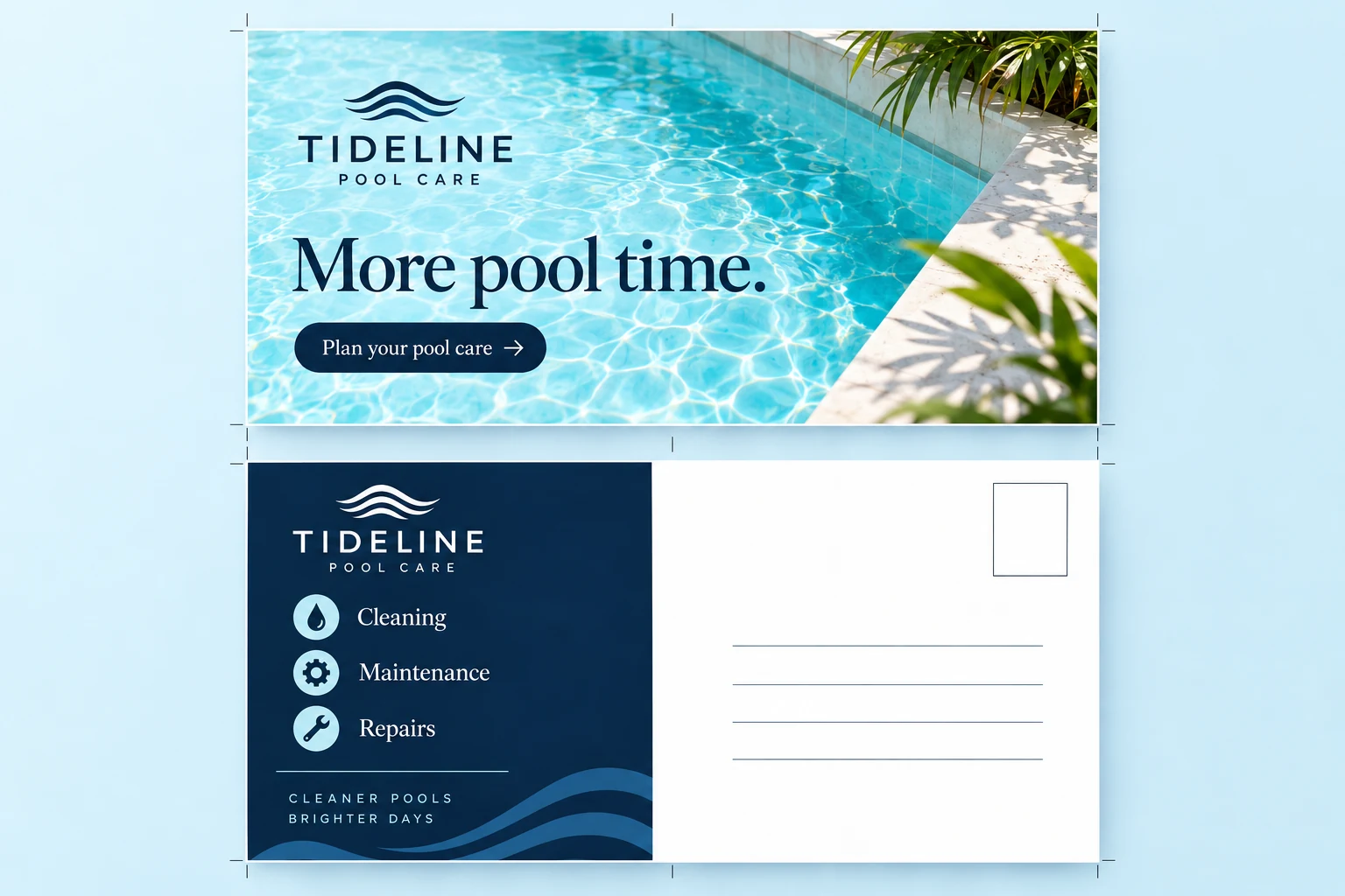 Tideline Pool Care front and back postcard artwork proof