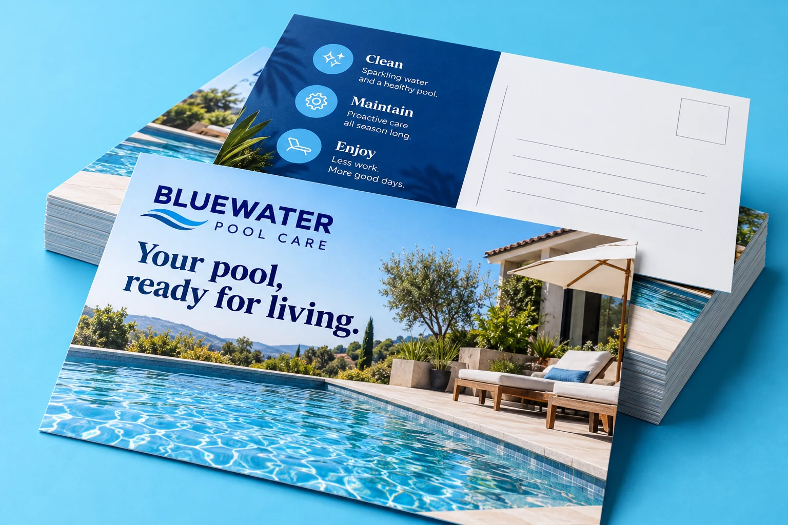 Bluewater Pool Care printed postcards showing front and reverse