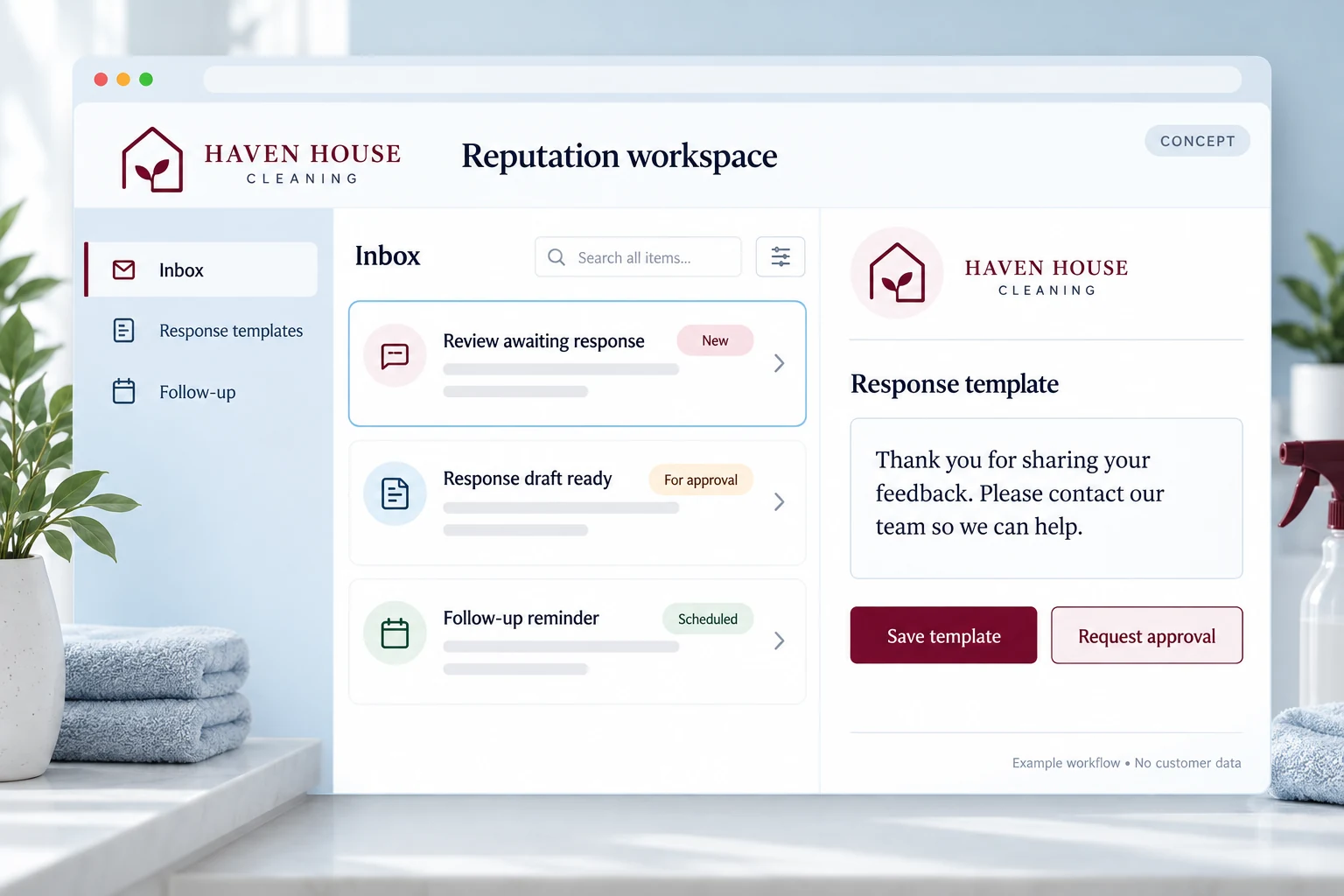 Review response workflow for fictional Haven House Cleaning showing pending items and a reply template