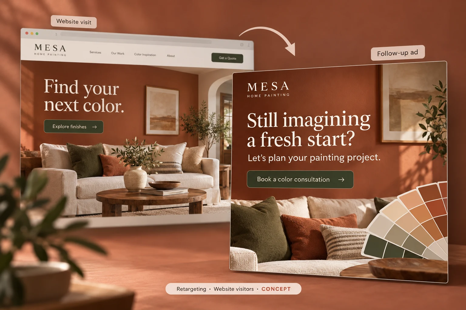 Retargeting ad concept for Mesa Home Painting pairing a previously visited color-consultation page with follow-up display creative.