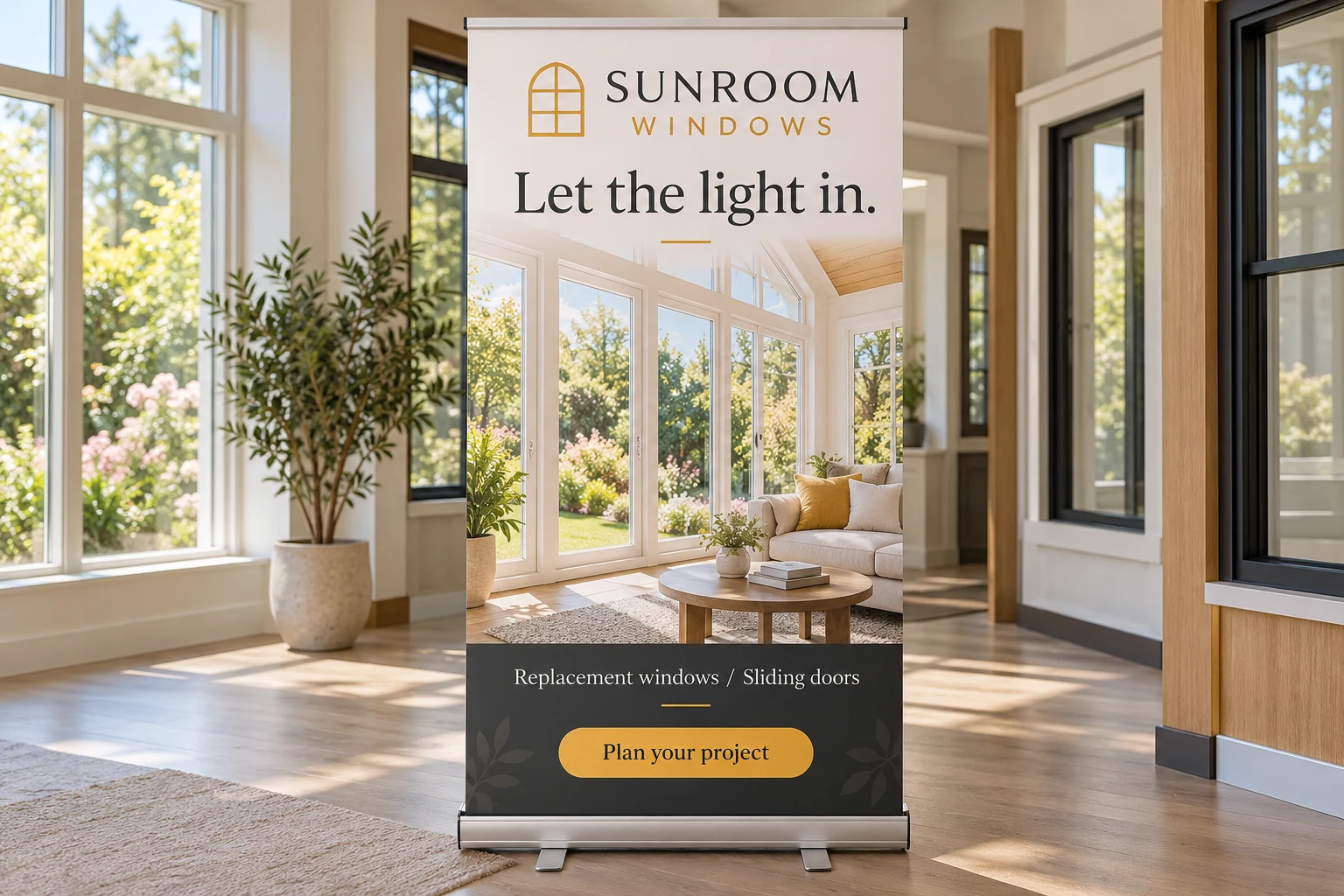 SUNROOM WINDOWS freestanding retractable banner concept with a printed roll-up panel and aluminum base
