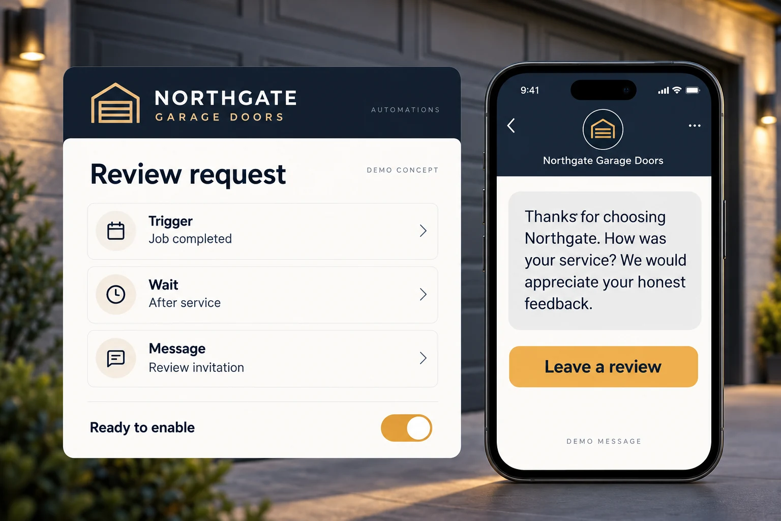 Garage door review-request automation concept with a completed-job trigger and customer request preview.