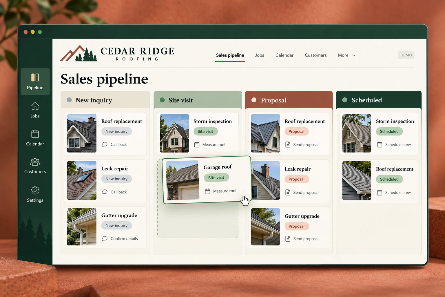 Roofing sales pipeline concept with inquiry, site visit, proposal, and scheduled stages.