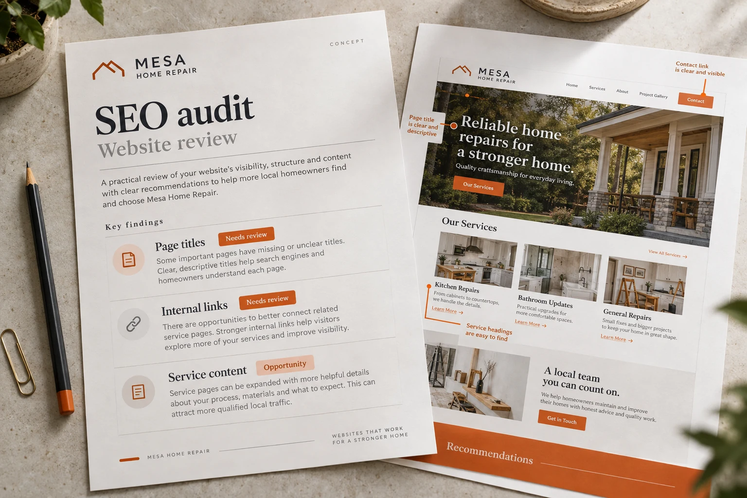 Technical SEO audit report for fictional Mesa Home Repair highlighting metadata, links, and content gaps