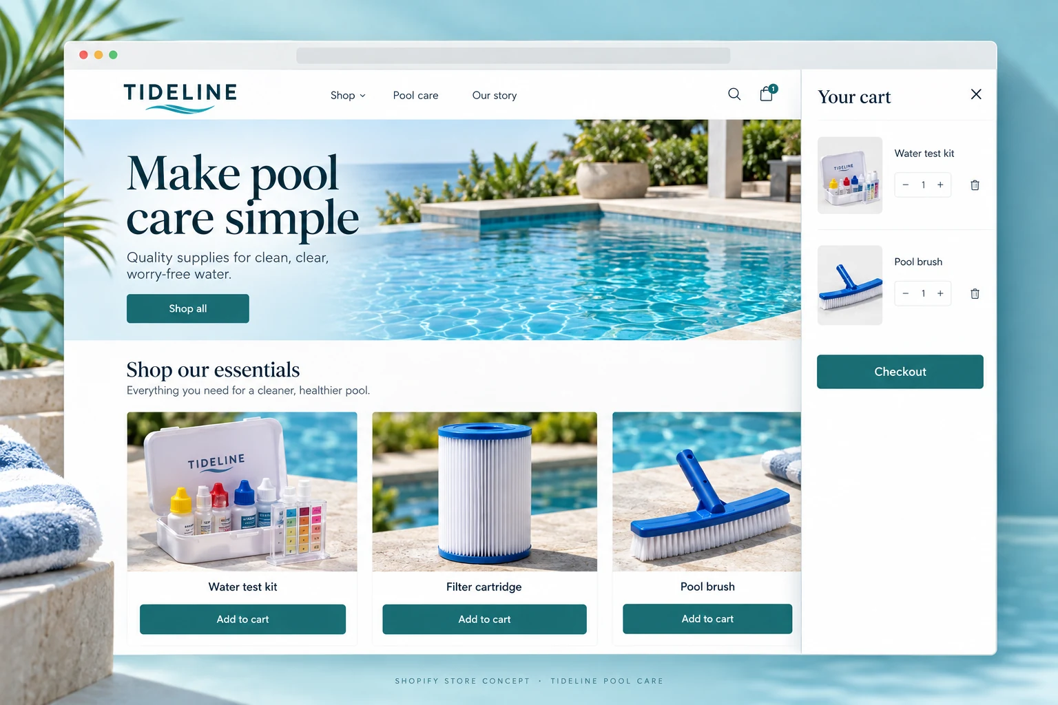 Pool care ecommerce storefront concept with product cards and a shopping cart.