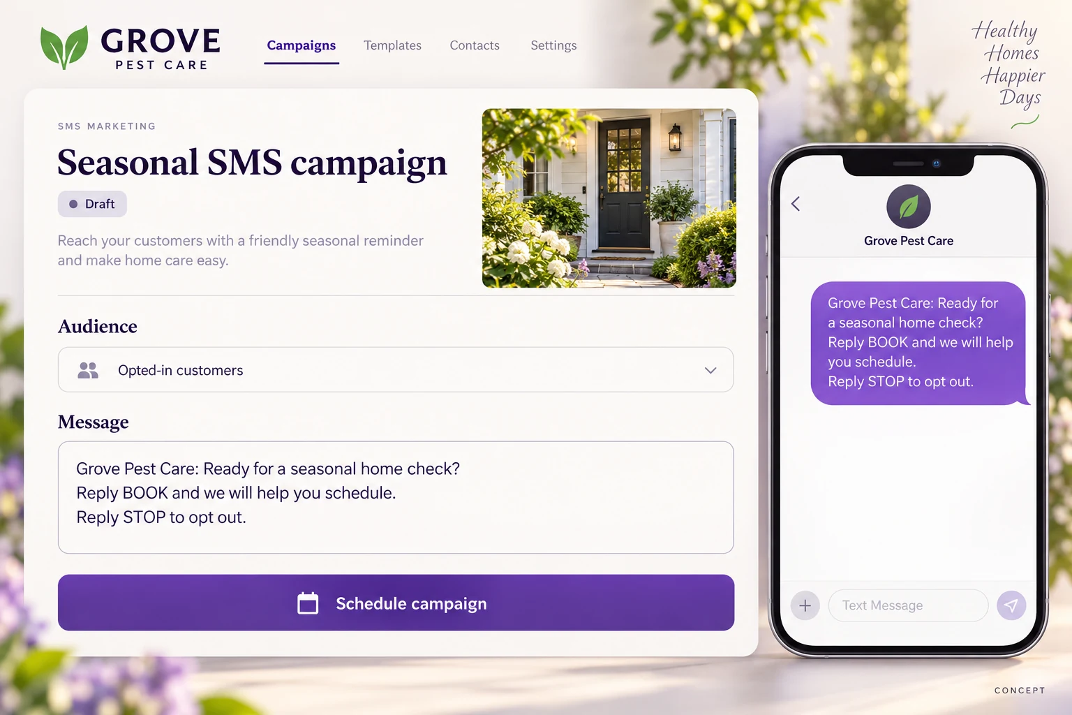 Pest control SMS campaign composer concept with an opted-in audience, seasonal message, and text preview.