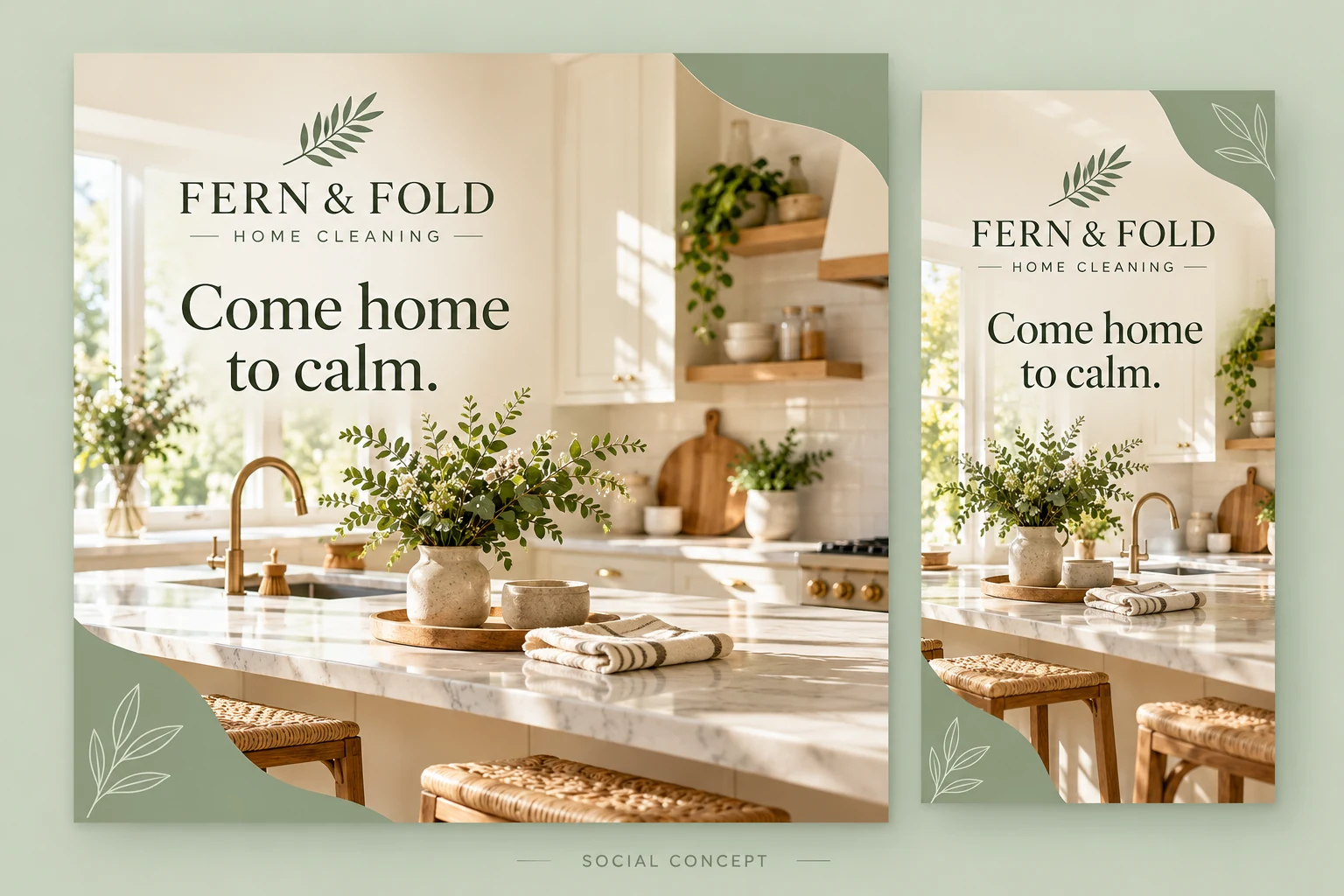 Fern & Fold Home Cleaning square social graphic and matching story design