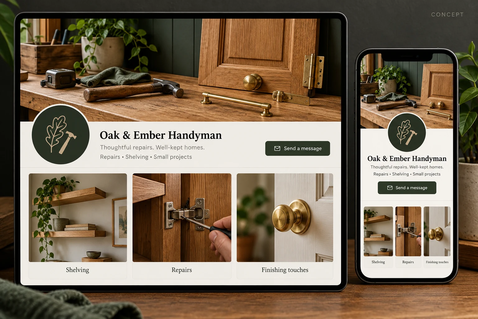 Oak & Ember Handyman social profile setup with branded cover, service bio and coordinated project posts