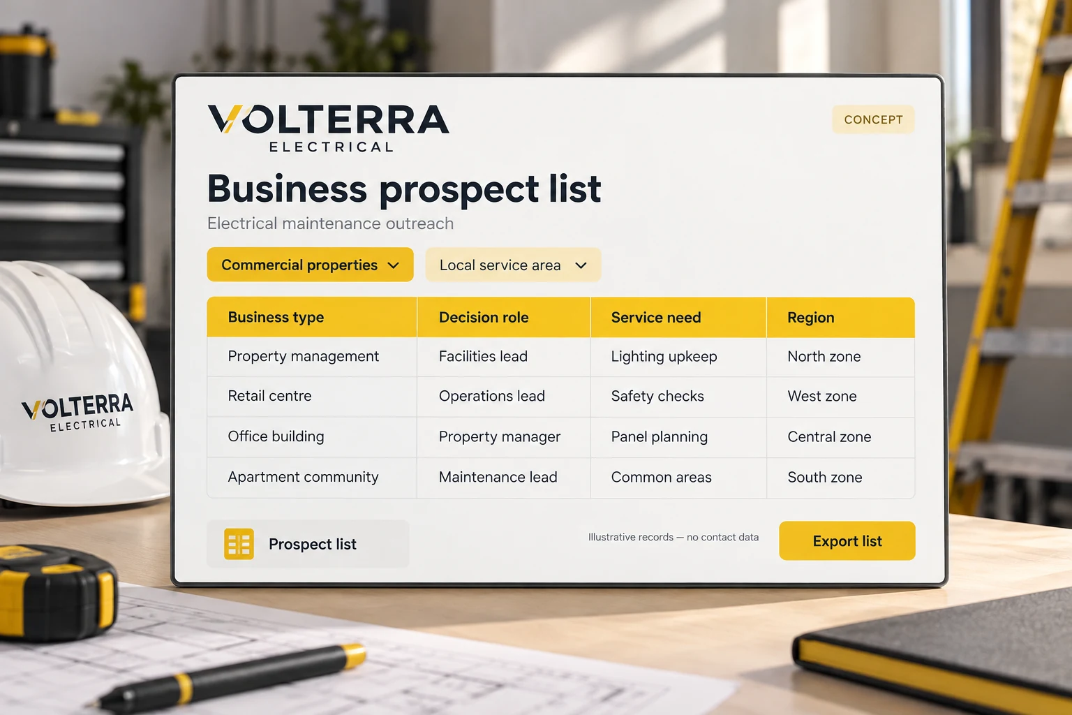 Structured concept prospect-list delivery for Volterra Electrical showing business types, roles and service needs
