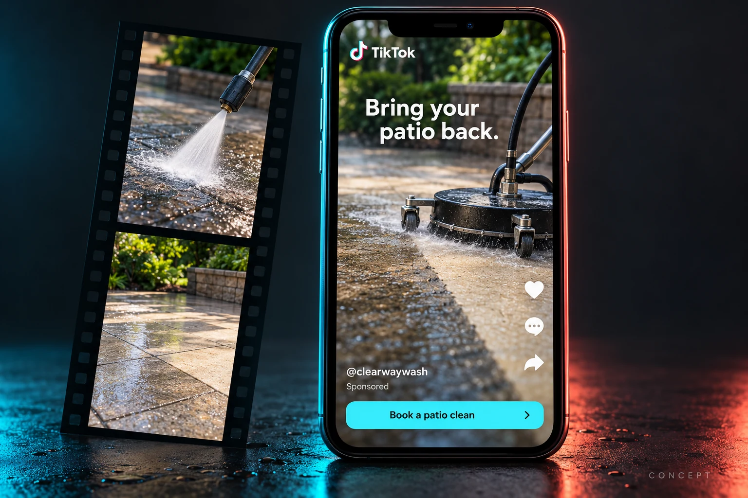 TikTok short-form advertising concept for Clearway Pressure Wash showing patio cleaning footage and a booking call to action.