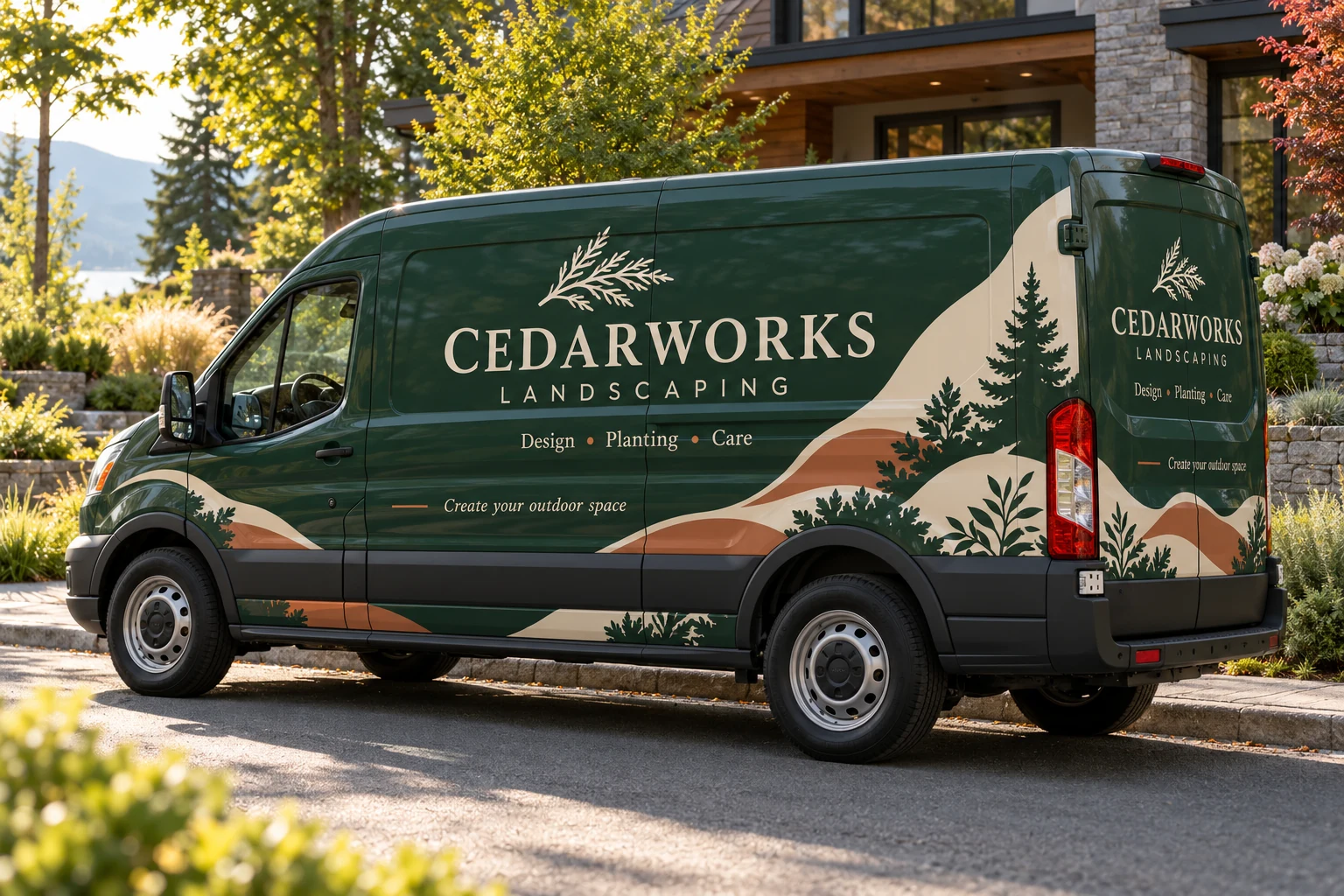 Cedarworks Landscaping van wrap design concept.