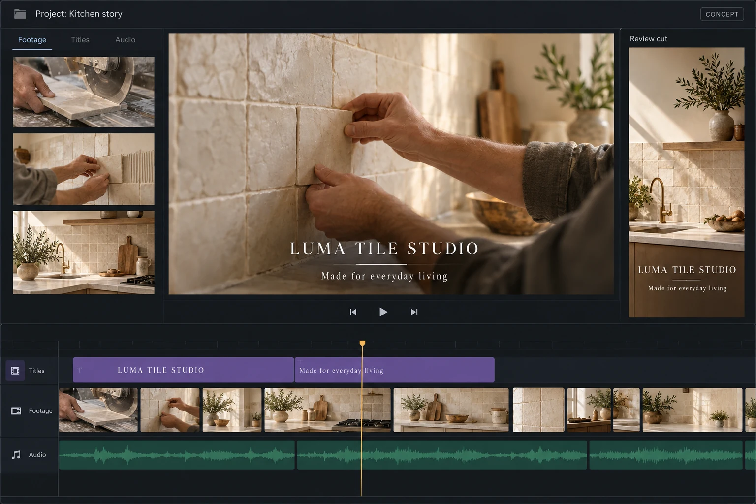 Luma Tile Studio video editing timeline with installation clips, audio and a polished finished preview