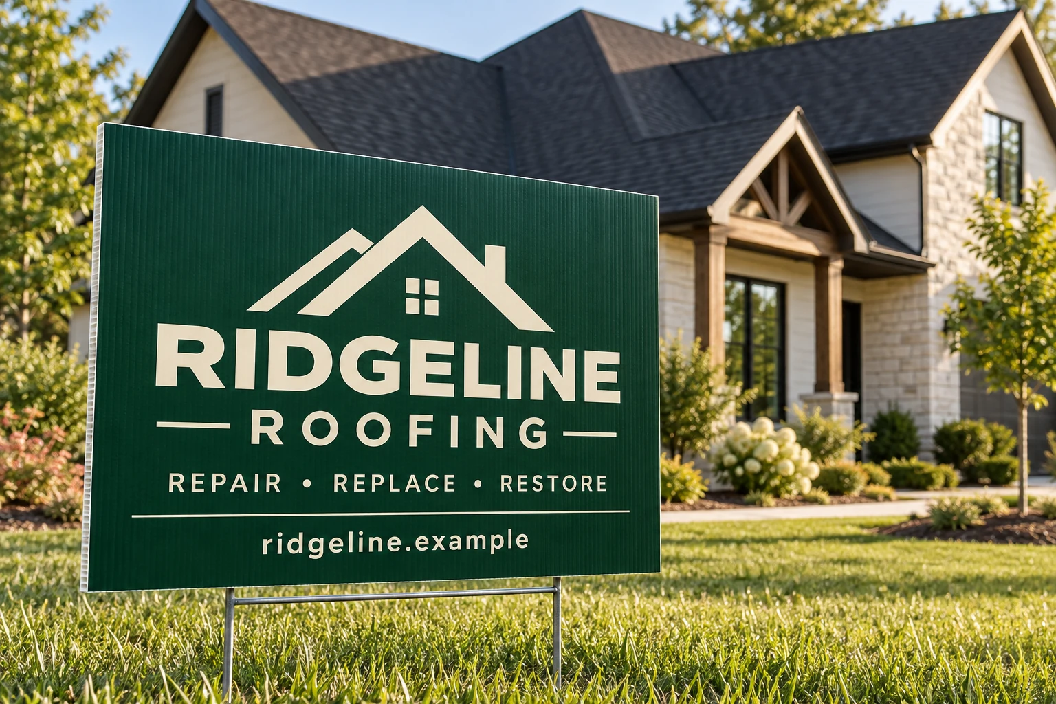 Ridgeline Roofing corrugated yard sign on a lawn-mounted metal stake