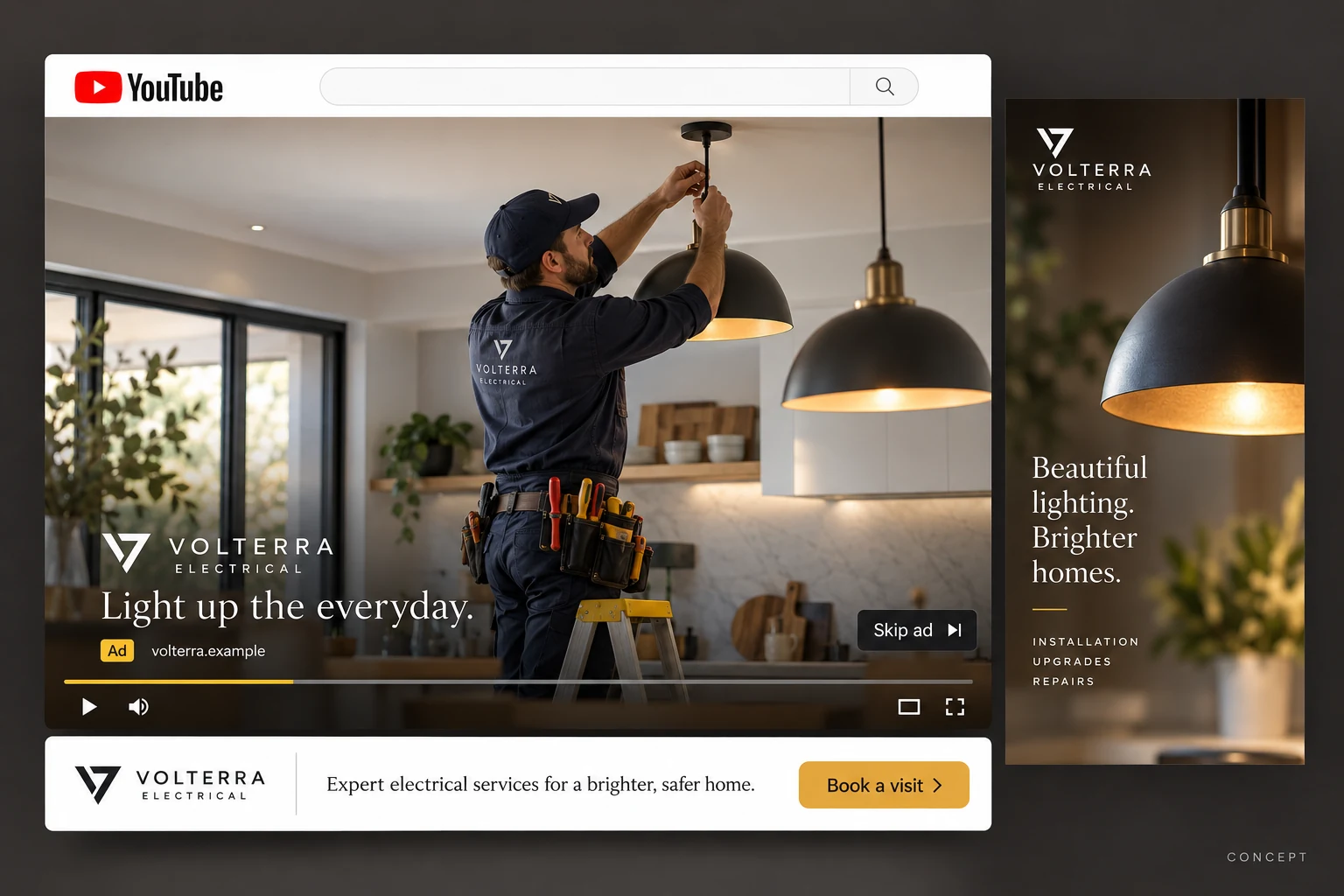 YouTube pre-roll video ad concept for Volterra Electrical showing residential lighting work and Book a Visit call to action.