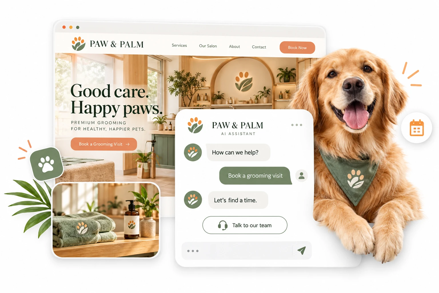 PAW & PALM branded grooming website and assistant conversation with a friendly dog cutout and booking prompts
