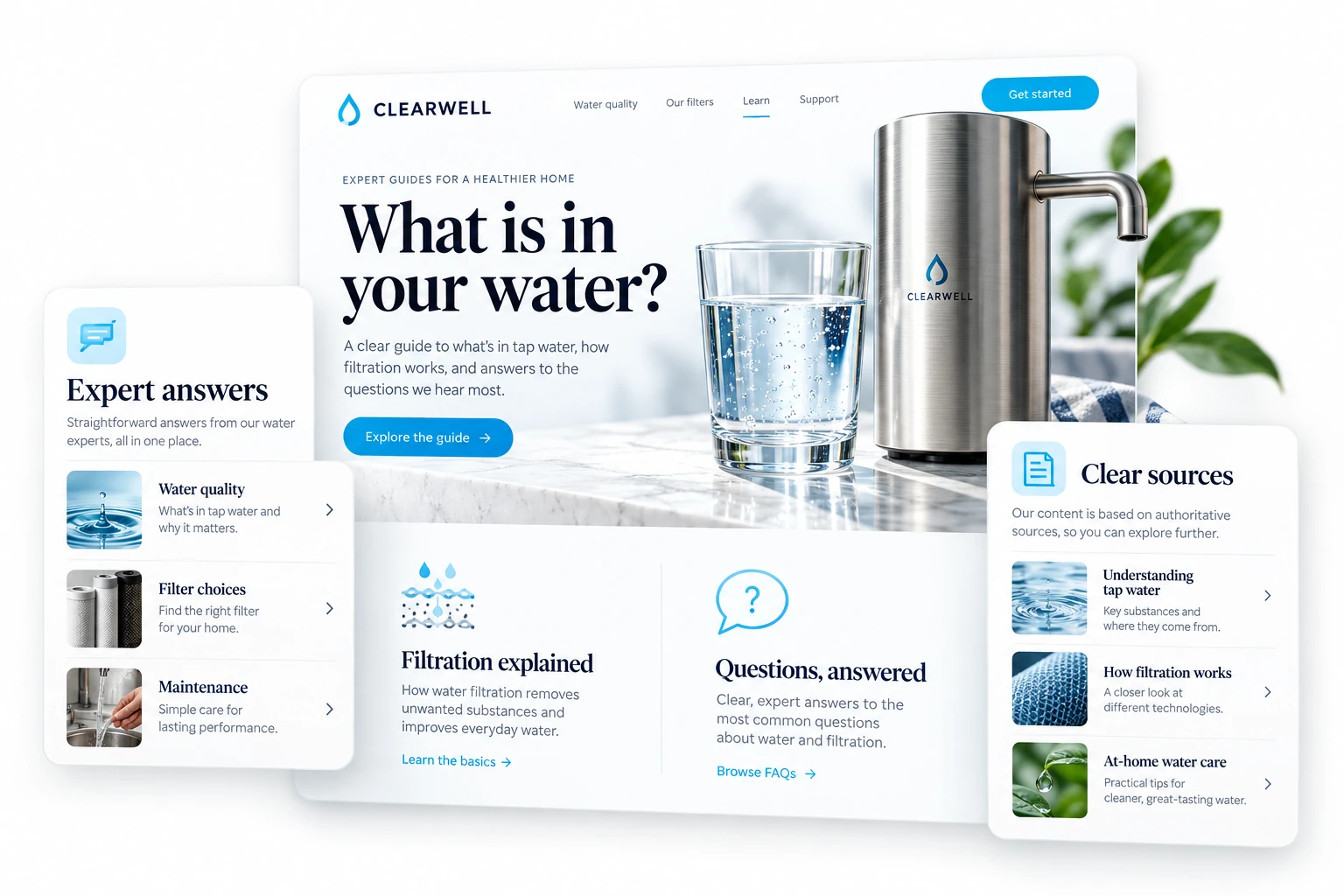 CLEARWELL water-filtration expert content design with filter product, FAQ cards and clear-source information