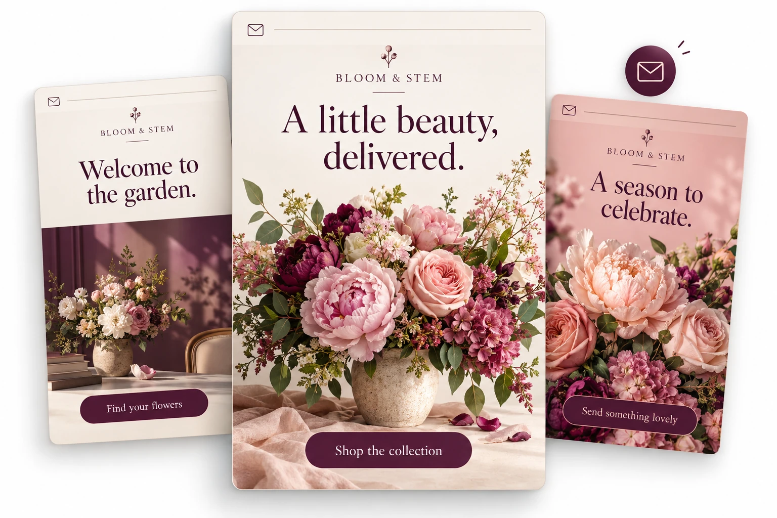 BLOOM & STEM branded email designs with floral imagery, a newsletter, welcome email and seasonal reminder