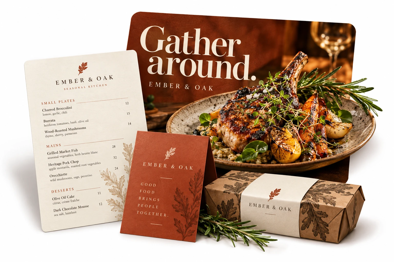 EMBER & OAK restaurant poster, menu, table card and packaging campaign with Gather around typography