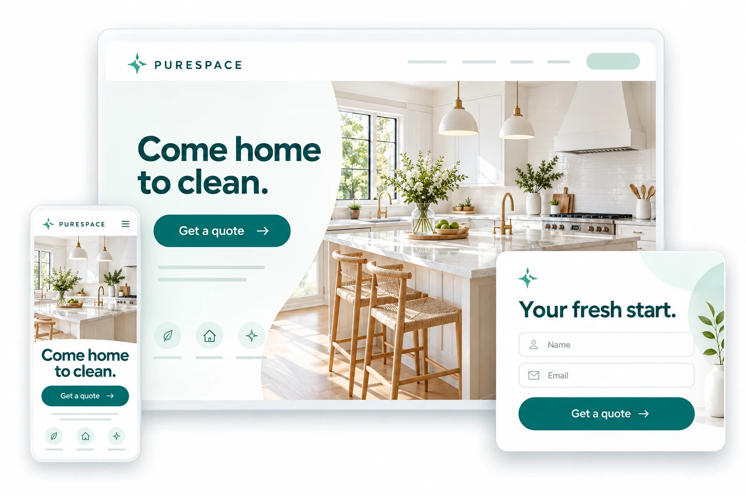PURESPACE cleaning campaign landing page with a clean kitchen, matching mobile design and floating quote form