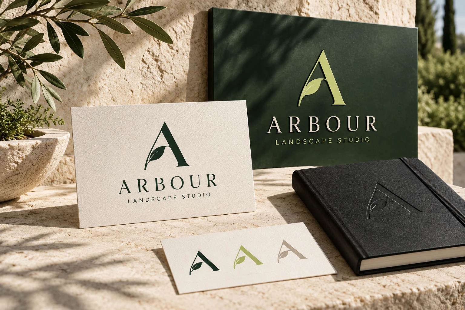 ARBOUR landscape studio logo system applied to architectural stationery and signage