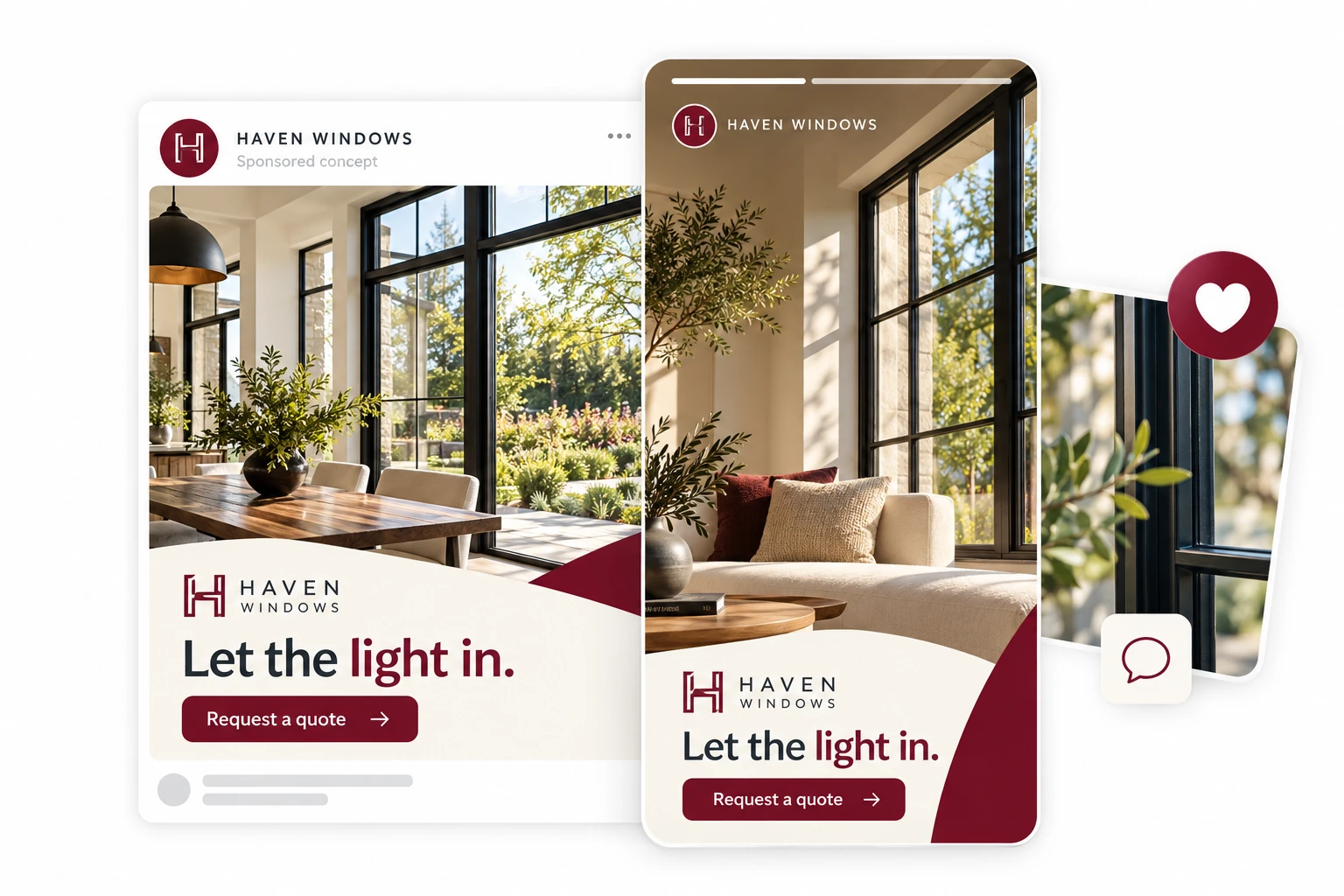HAVEN WINDOWS Facebook feed and Instagram story ad designs with modern window photography and Let the light in headline