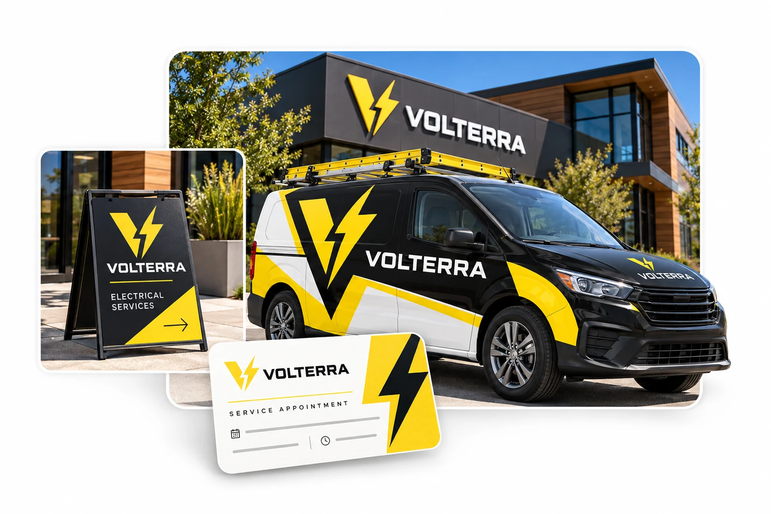 VOLTERRA black and yellow electrical-service van wrap, roadside A-frame and appointment-card designs