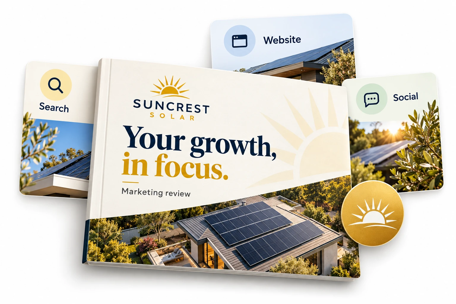 SUNCREST SOLAR branded marketing-report cover with solar rooftop photography and Search, Website and Social report sections