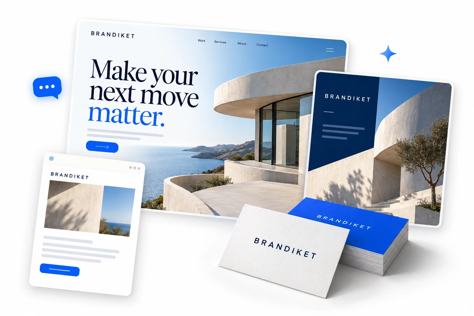 Original Brandiket capability collage with website design, campaign creative, email and printed materials